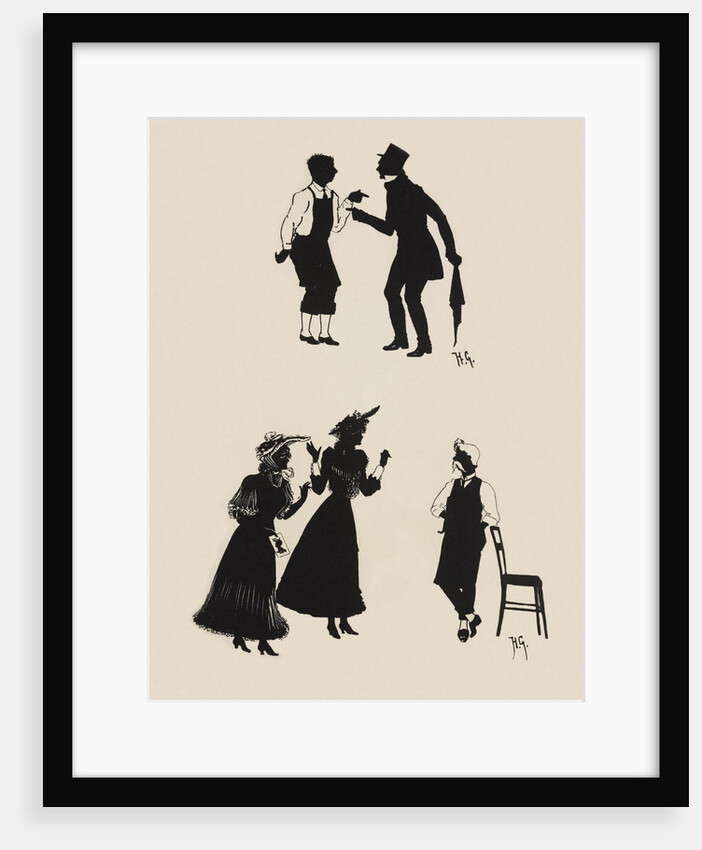 Silhouettes of two male figures debating and two female figures with a gentleman by Anonymous