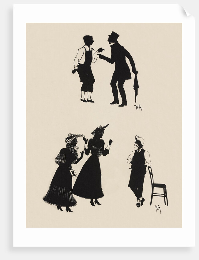 Silhouettes of two male figures debating and two female figures with a gentleman by Anonymous