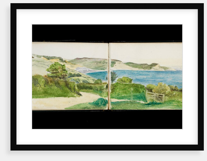 Coastal paths with views of the sea, hills and cliffs in distance by May Morris