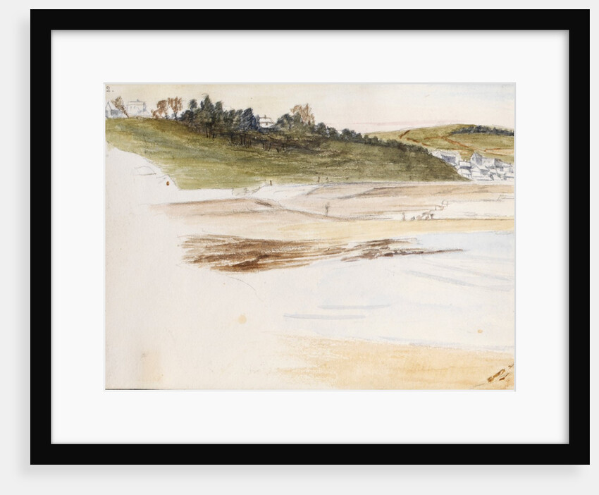 Beach with small coastal village in the background by May Morris