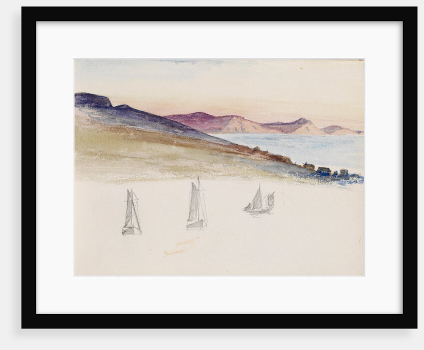 Sailboats with hills and coastal cliffs in the background by May Morris