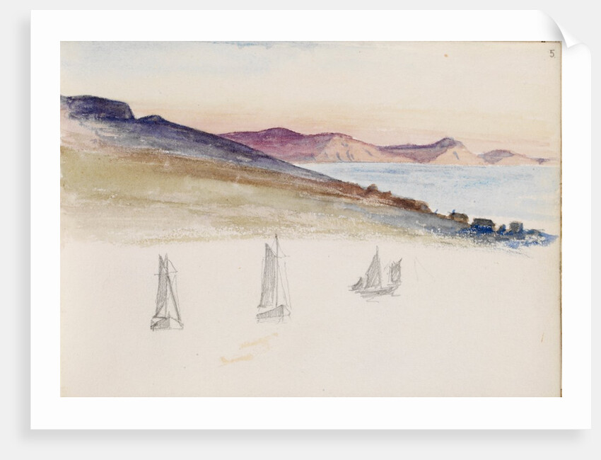 Sailboats with hills and coastal cliffs in the background by May Morris