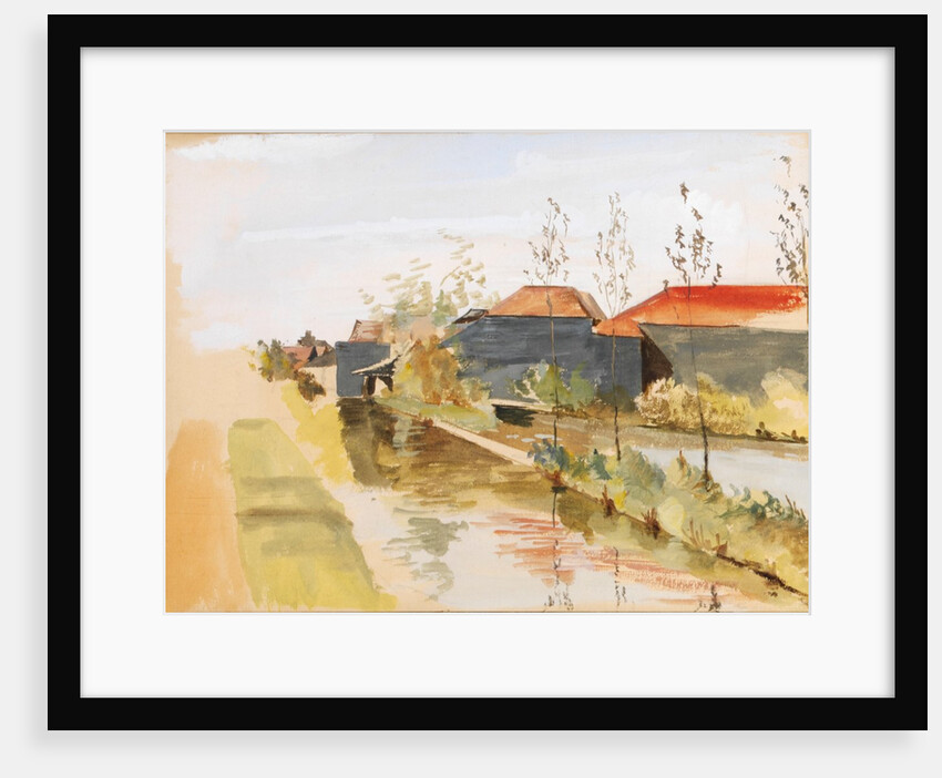 Canal with farm buildings in the background by May Morris