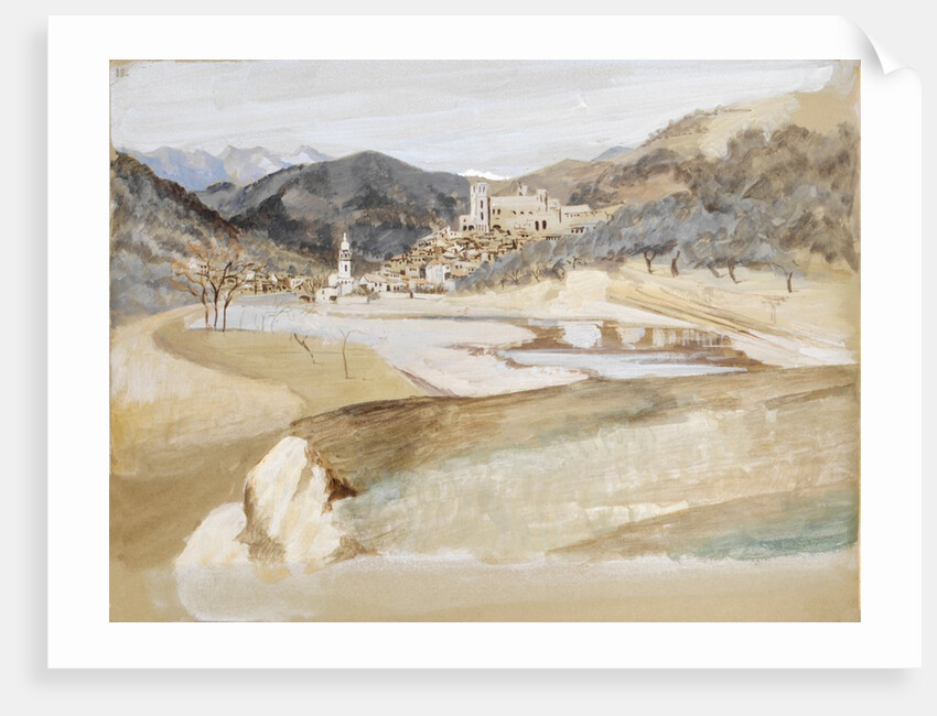 View of a village with a tower and a church in a valley possibly in Italy by May Morris