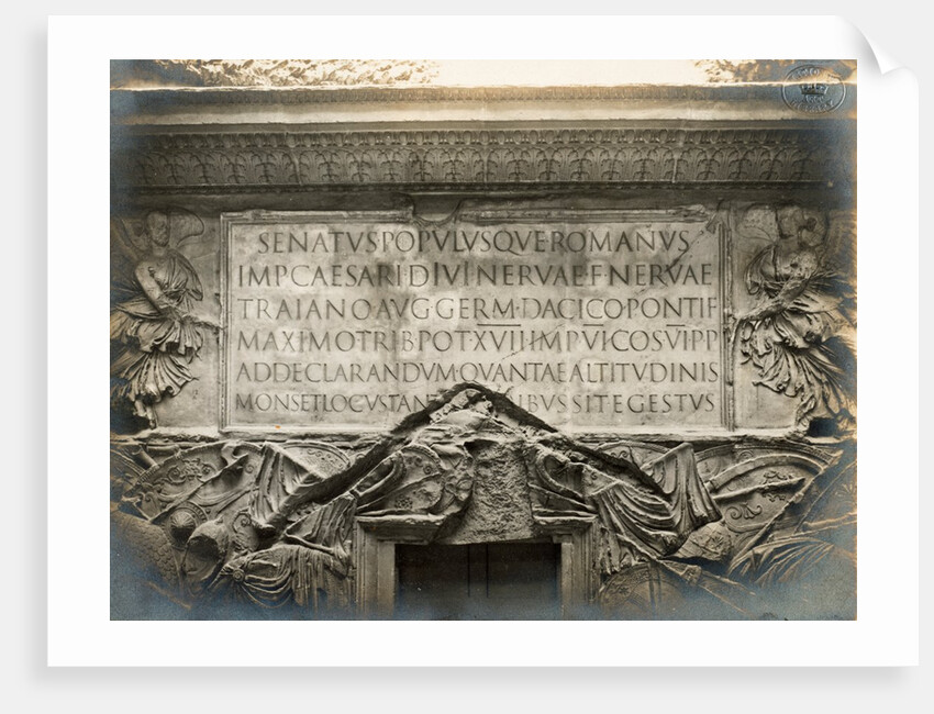 Photograph showing a cast of the inscription on the base of Trajan's Column, in the Victoria and Albert Museum by Anonymous