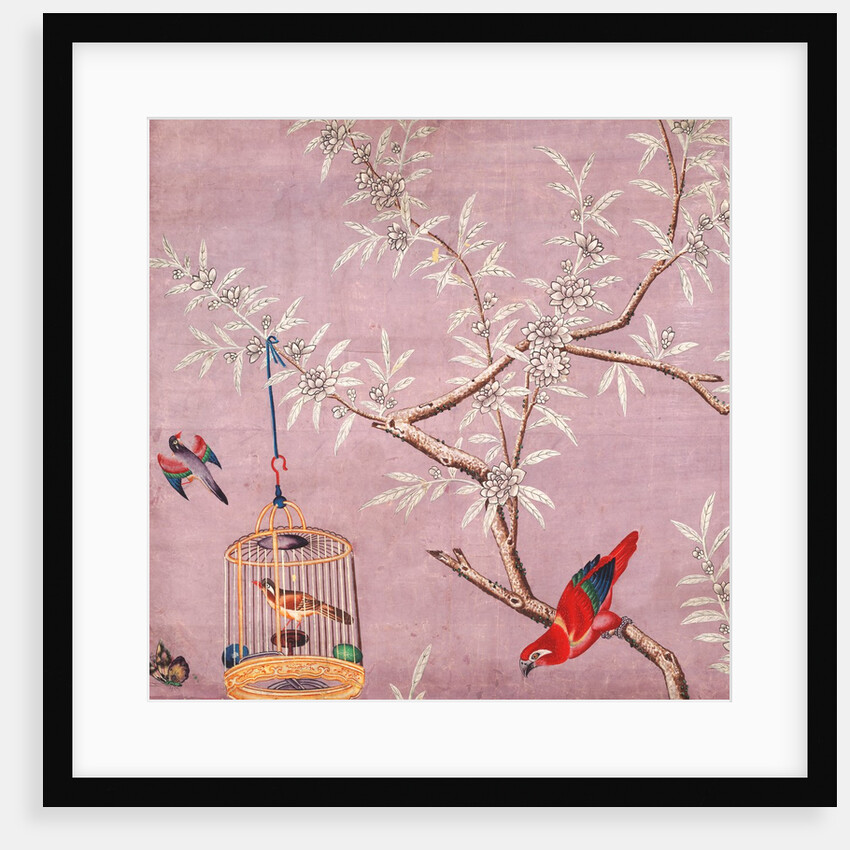 Fragment of Chinese wallpaper showing a bird perching on a branch, one in a cage and another in flight by unknown