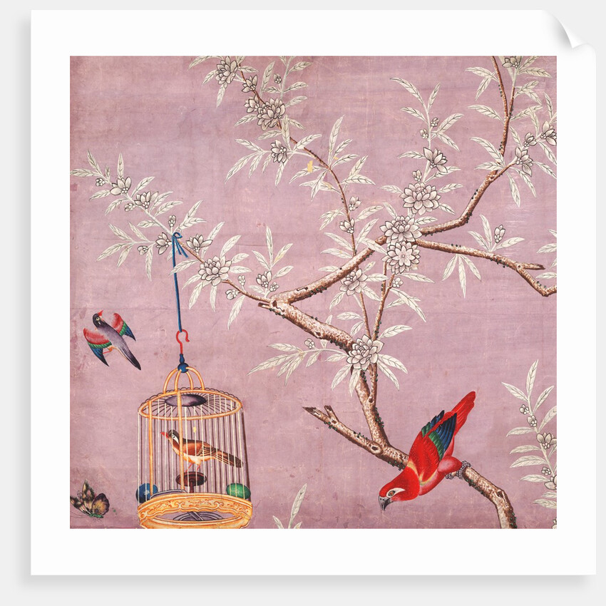 Fragment of Chinese wallpaper showing a bird perching on a branch, one in a cage and another in flight by unknown