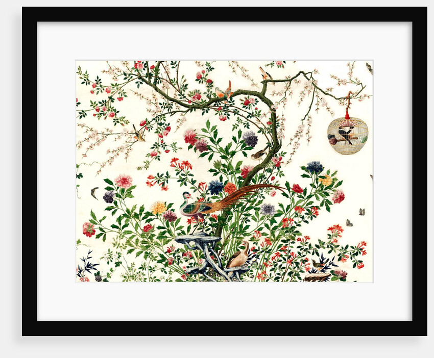 Coverlet of a solitary tree with a caged bird on a branch and a pair of pheasants by Unknown