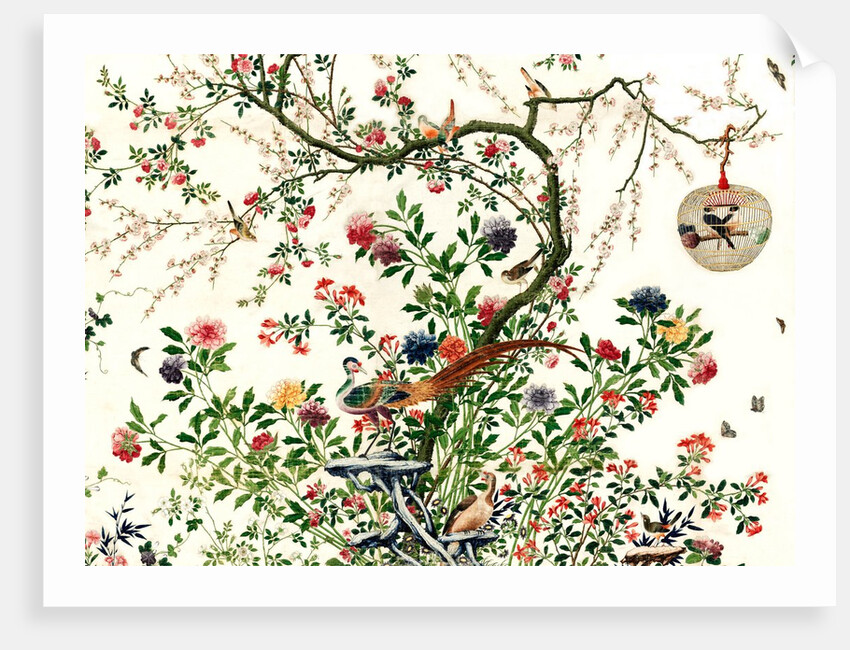 Coverlet of a solitary tree with a caged bird on a branch and a pair of pheasants by Unknown