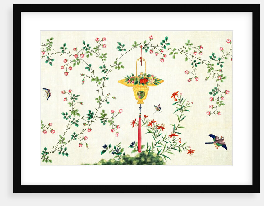 Bird and butterflies in flight around yellow hanging rattan basket of fruits by Unknown