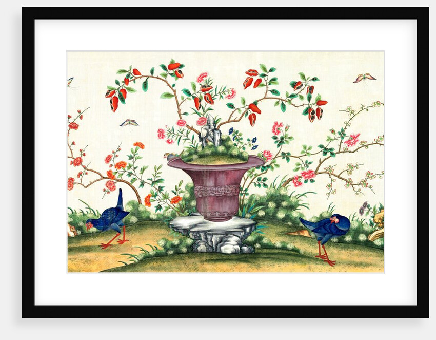 Pair of blue birds pecking around a vase in the centre with birds perching on rock by Unknown