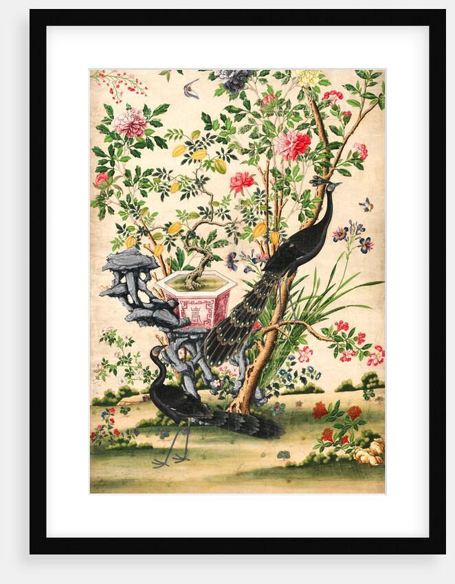 Wallpaper with pair of peacocks and a pot of starfruit by unknown