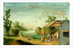 Porcelain manufacturing showing potters glazing by Unknown