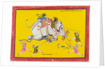 Elephant drivers attempting to secure an enraged elephant. Kota, India, 19th century by Unknown
