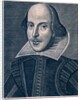 Frontispiece showing William Shakespeare on his book Comedies, Histories and Tragedies. England, 1623 by Anonymous