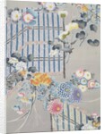 Detail from a kimono depicting flowers and bamboo fences by Anonymous
