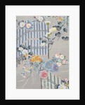 Detail from a kimono depicting flowers and bamboo fences by Anonymous