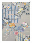 Detail from a kimono depicting flowers and bamboo fences by Anonymous