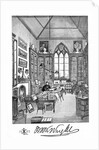 Bookplate depicting a man in a Victorian study by Alan Wright