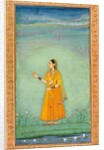 A lady holding a fruit standing by a lily pond by Unknown