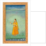 A lady holding a fruit standing by a lily pond by Unknown