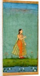 A lady standing against flowers by a lily pond by Unknown