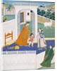 Krishna peering over a wall at Radha and children by Unknown
