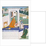 Krishna peering over a wall at Radha and children by Unknown
