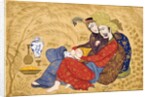 Lovers embracing and drinking wine by Afzal al-husaini