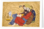 Lovers embracing and drinking wine by Afzal al-husaini