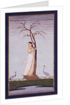 A lady standing beneath a tree braiding or drying her hair by Unknown