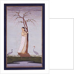 A lady standing beneath a tree braiding or drying her hair by Unknown
