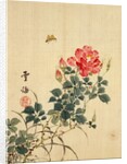 Wild Red Rose Buds, Butterfly and Foliage by Sekkisai