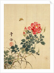 Wild Red Rose Buds, Butterfly and Foliage by Sekkisai