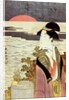 A girl and the sunrise over the sea at New Year by Eishosai Choki