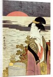 A girl and the sunrise over the sea at New Year by Eishosai Choki
