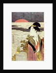 A girl and the sunrise over the sea at New Year by Eishosai Choki