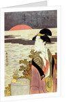 A girl and the sunrise over the sea at New Year by Eishosai Choki