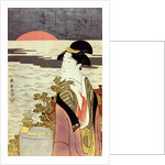 A girl and the sunrise over the sea at New Year by Eishosai Choki