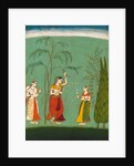 A Princess, her maid and a fly-whisk bearer amongst flowering trees. Bundi, Rajasthan, India, late 17th century by Unknown