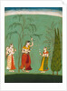 A Princess, her maid and a fly-whisk bearer amongst flowering trees. Bundi, Rajasthan, India, late 17th century by Unknown