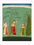 A Princess, her maid and a fly-whisk bearer amongst flowering trees. Bundi, Rajasthan, India, late 17th century by Unknown