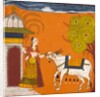 Lady stroking a bull by Unknown