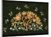 Sachet embroidered with fruits on a dark background by May Morris