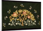 Sachet embroidered with fruits on a dark background by May Morris