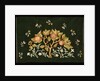 Sachet embroidered with fruits on a dark background by May Morris