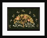 Sachet embroidered with fruits on a dark background by May Morris