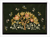Sachet embroidered with fruits on a dark background by May Morris