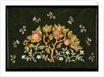 Sachet embroidered with fruits on a dark background by May Morris