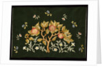 Sachet embroidered with fruits on a dark background by May Morris